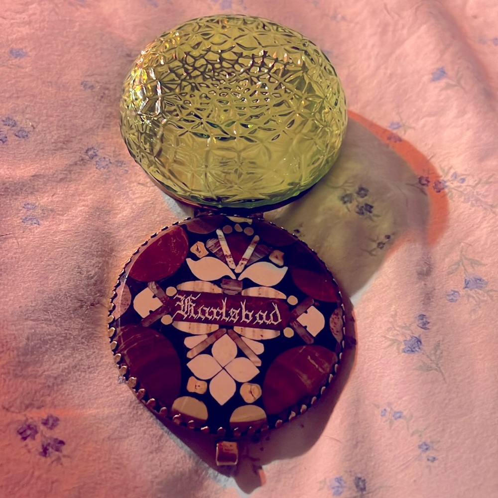 Antique Karlsbad glass pill box with mirror